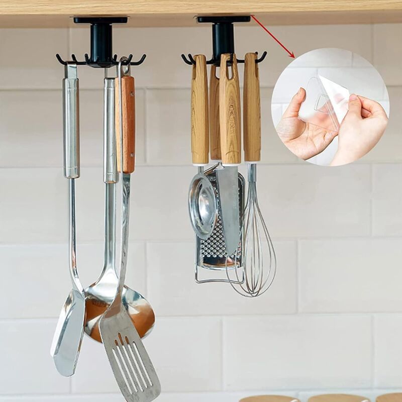 2 Pcs Rotary a 360 Degree Door Self-Kitchen Accessory Organizer Adhesive Kitchen Utensil Rack 6 Hook