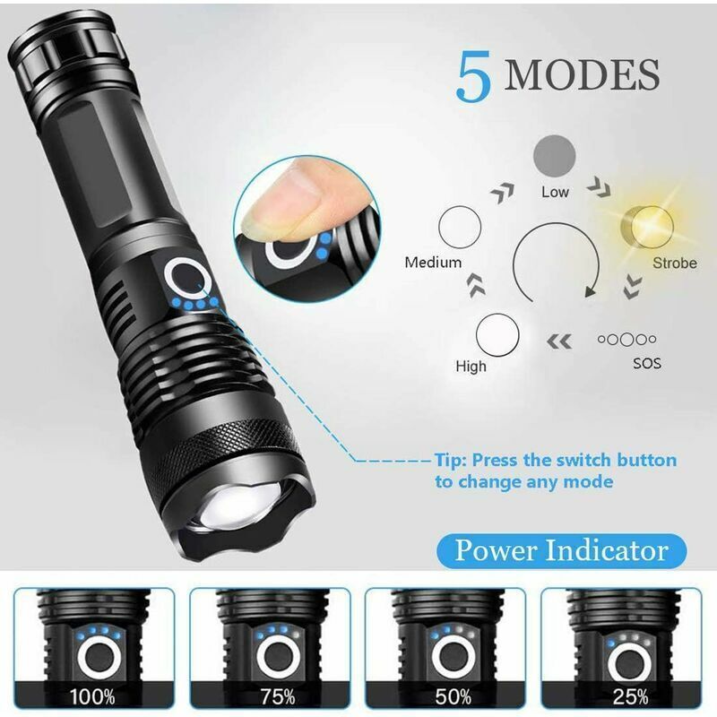 9000 Lumens Ultra Powerful LED Flashlight USB Rechargeable XHP70 Pocket Torch
