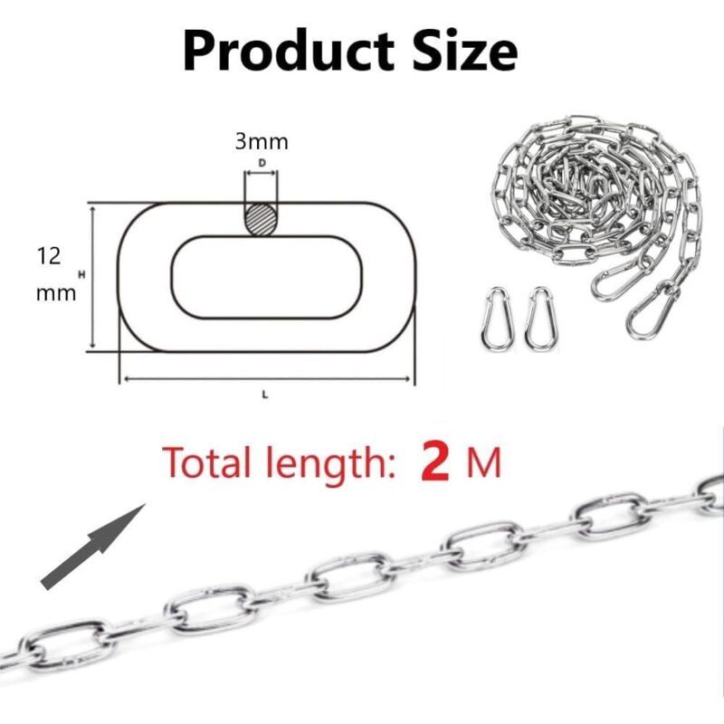 2 Pcs Chain in Steel Stainless Chain Steel and Carabiner Chain of Maillon of Extension for Hanging Chain of Anchor Hammock, 3mm, 2m