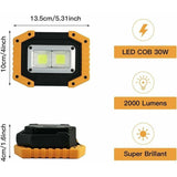 1 Pcs Floodlight LED Rechargeable 30W 2000LM Chantier Light of Work with 2X COB LED USB for Camping, 3 Modes Battery Contient