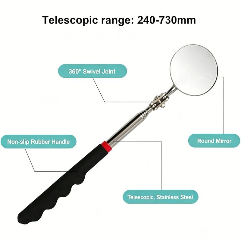 Telescopic Mirrors Black, Non-Slip Handle Telescopic Up to Inspection Mirror Adjustable Inspection Mirrors for Auto Repair, 73 cm