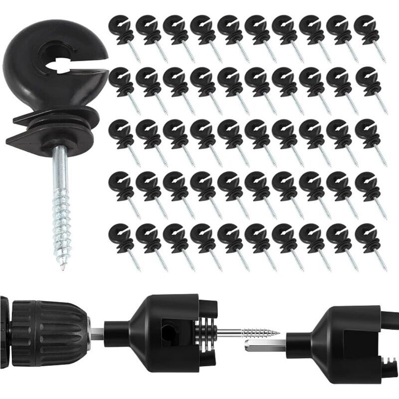 50 Pcs Annular Insulators for Electric Fencing Wood, Self-Attack Screw Insulators Accessories of Electric Fencing for Poles in and 1 Mandrel of