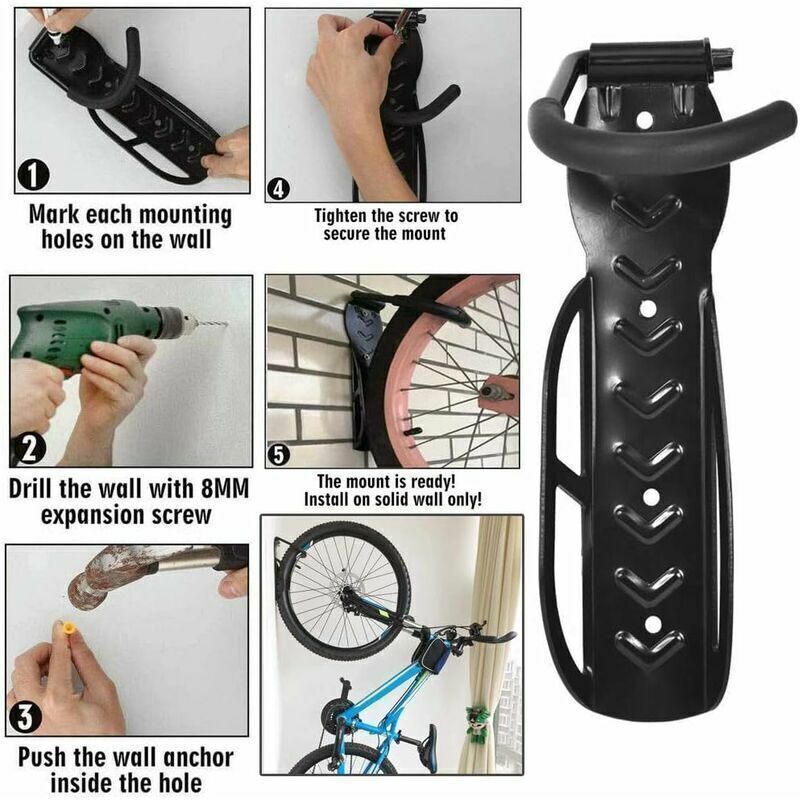 Wall Black, Mounted Bicycle Storage Rack Bike Wall Hanging Hook with Complete Accessories Garage and Shop Bike Mount Holder