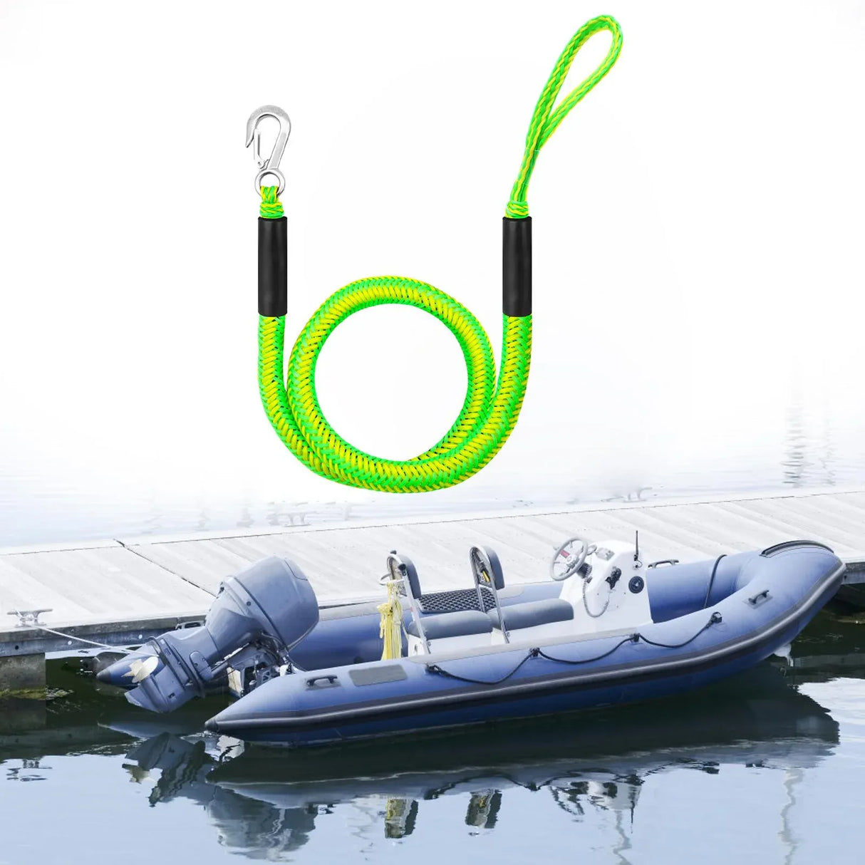 Green Bungee Dock Line Mooring Rope With Stainless Steel Clip for Boats Kayaks Watercraft and Pontoon