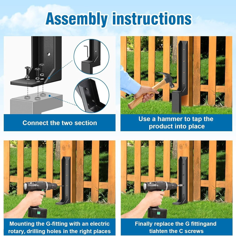 2 Piece Fence Post Repair Kit, Steel Brackets for Broken or Rotted Wooden Posts for Garden Yard Patio Fences