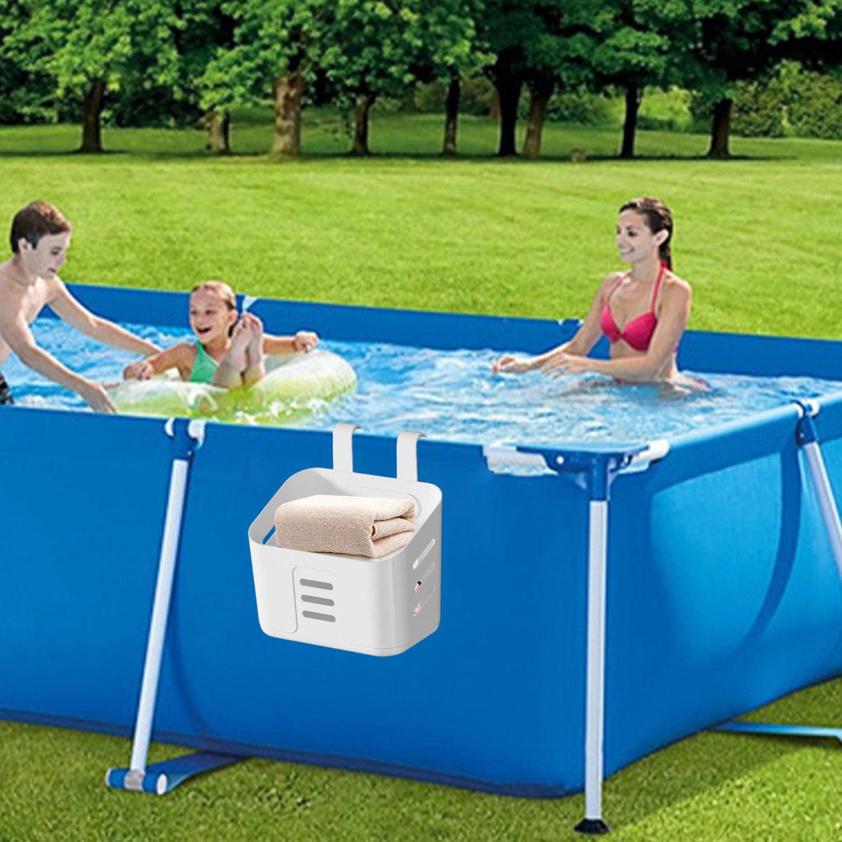 Poolside Storage Basket, Polypropylene Cup and Toy Bin for Above Ground Frame Pools, White Gray Yellow, 8.07 x 7.48 x 4.13 in