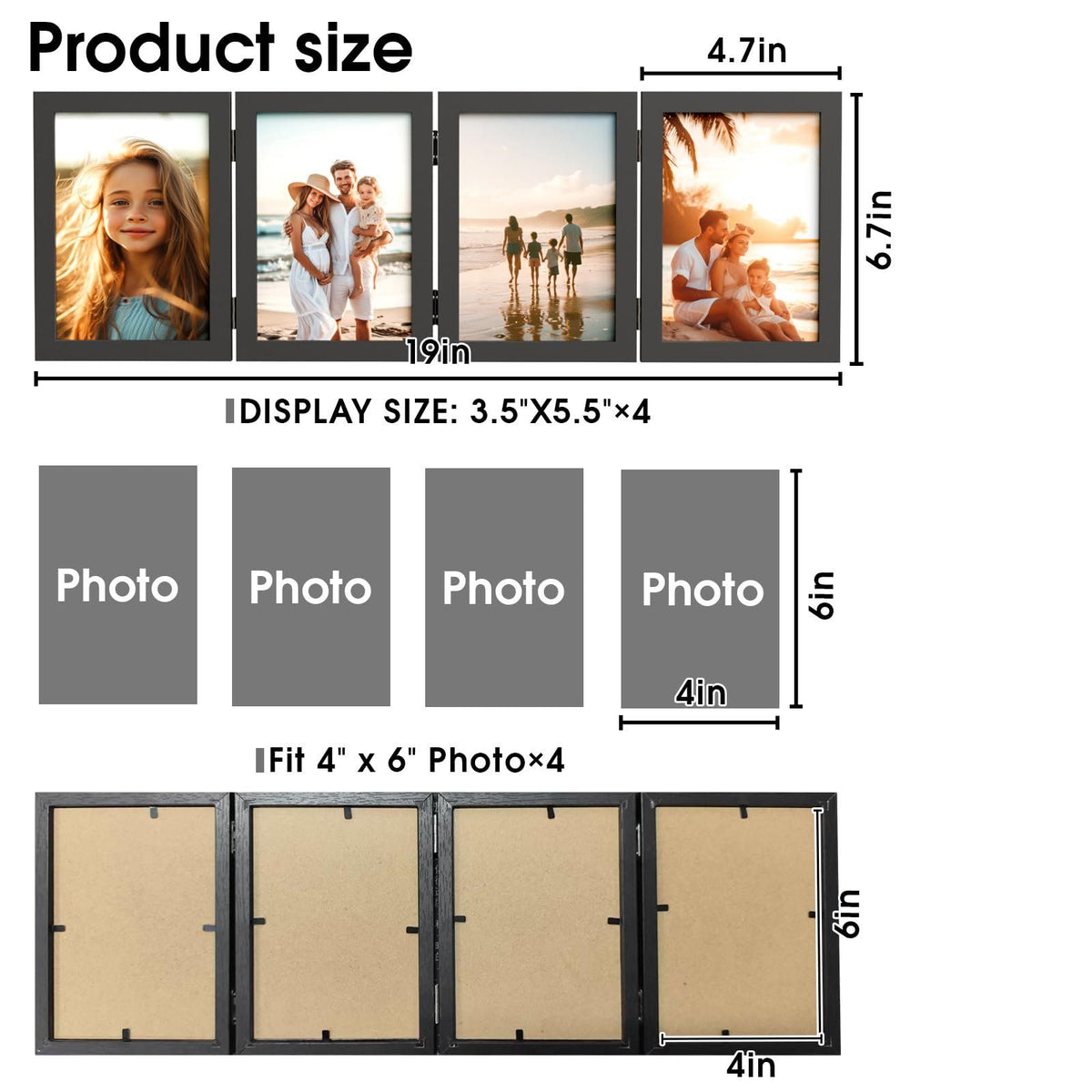 4 Panel Black Folding Hinged Picture Frame, Rustic Wood Tabletop Family Photo Collage Stand, 5 x 6 in