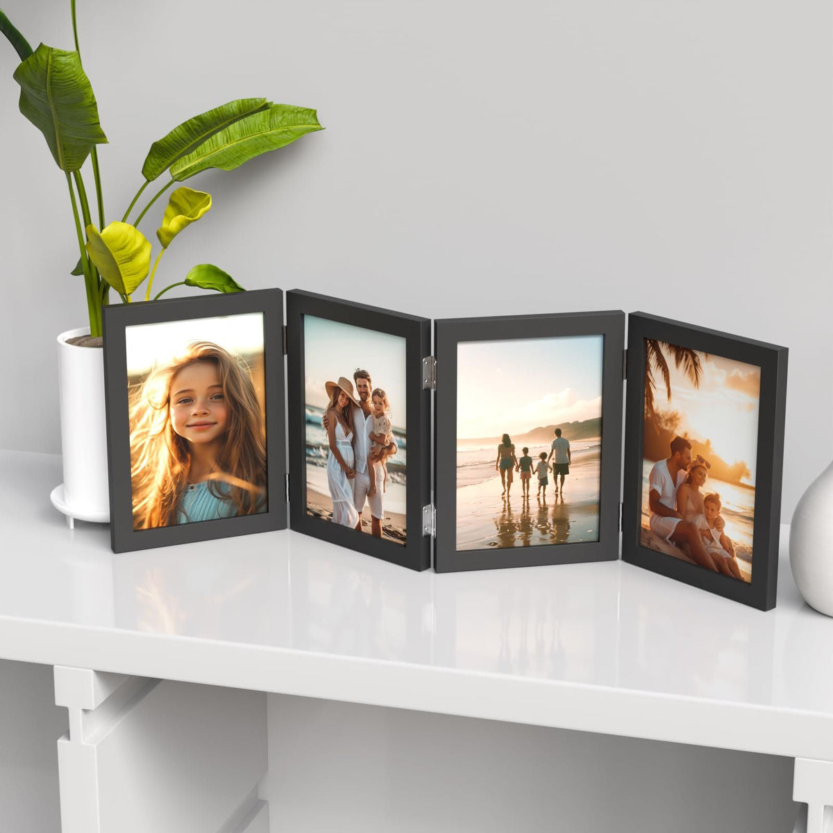 4 Panel Black Folding Hinged Picture Frame, Rustic Wood Tabletop Family Photo Collage Stand, 5 x 6 in