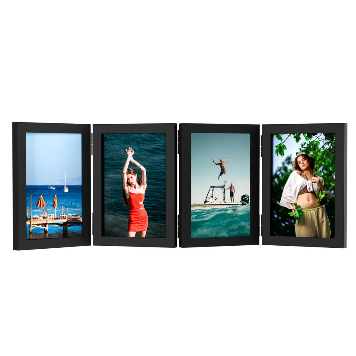 4 Panel Black Folding Hinged Picture Frame, Rustic Wood Tabletop Family Photo Collage Stand, 5 x 6 in