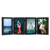 4 Panel Black Folding Hinged Picture Frame, Rustic Wood Tabletop Family Photo Collage Stand, 5 x 6 in - Close-Up Angle