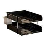 2 Tier Desktop File Organizer, Black Stackable Letter Tray and Office Supplies Holder for Home Office - Front View