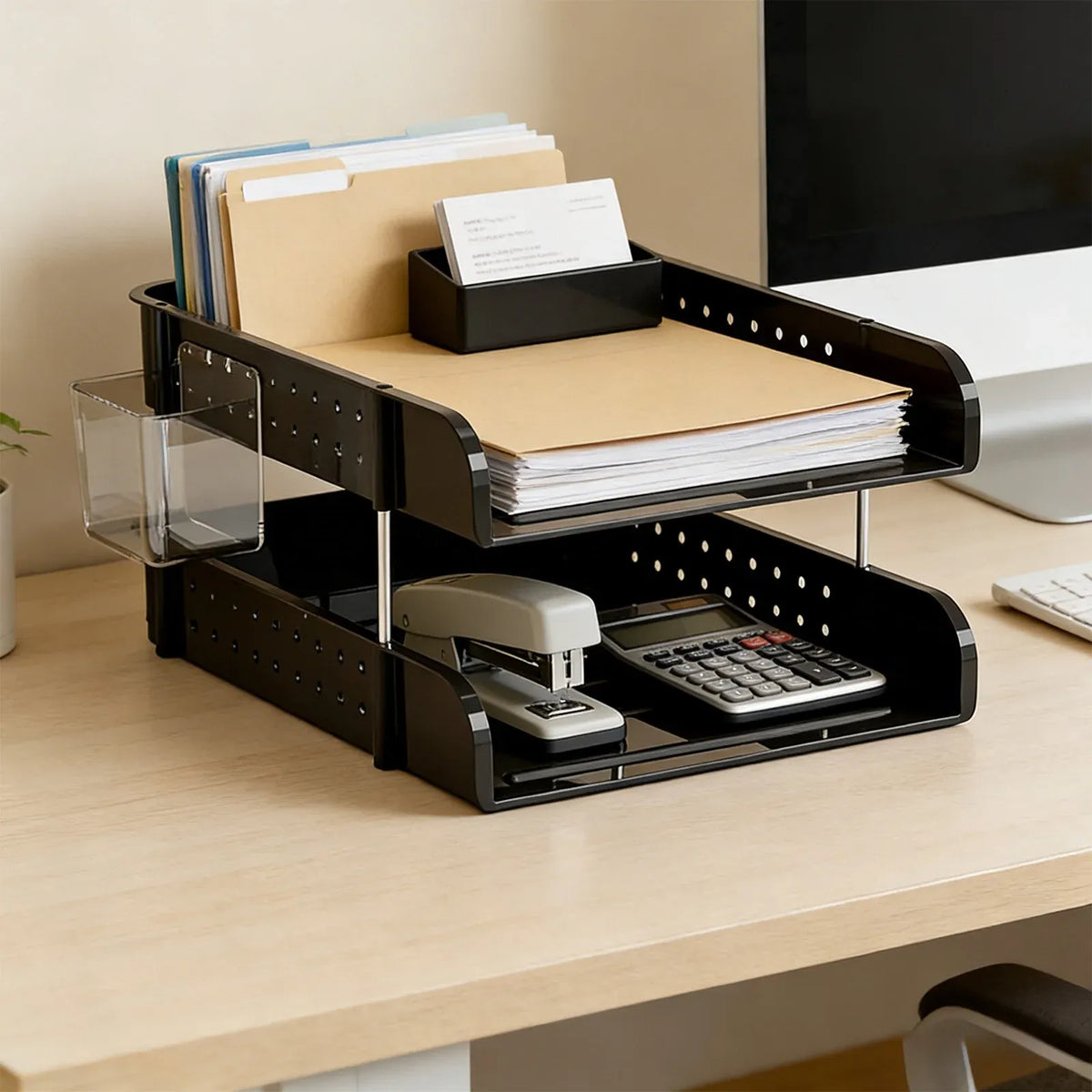 2 Tier Desktop File Organizer, Black Stackable Letter Tray and Office Supplies Holder for Home Office