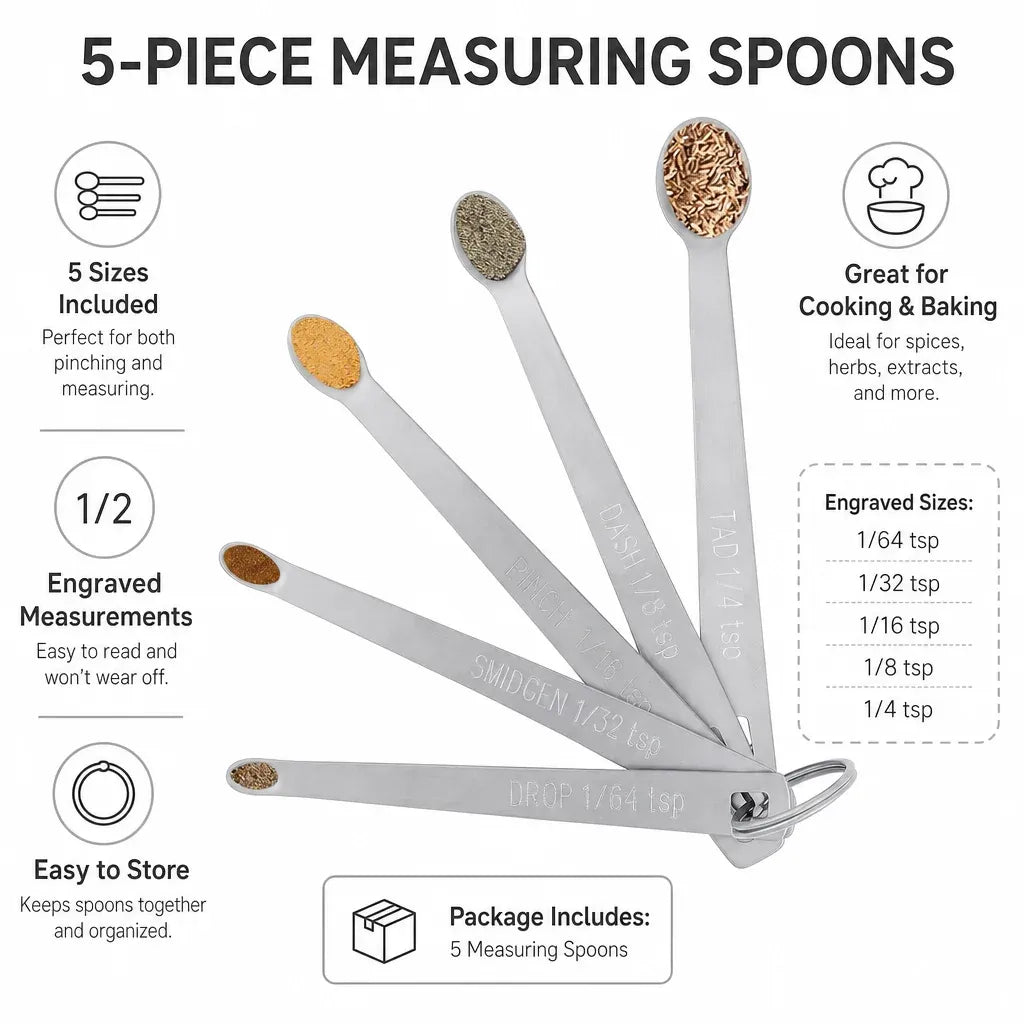 5 Pack Stainless Steel Mini Measuring Spoons for Kitchen Baking and Cooking