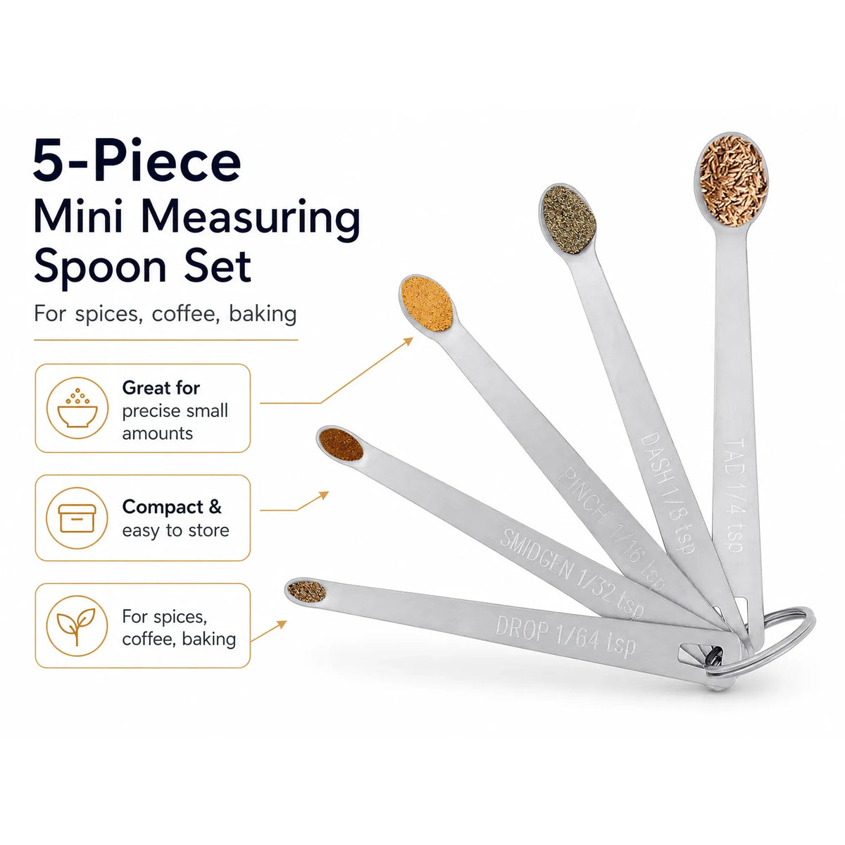 5 Pack Stainless Steel Mini Measuring Spoons for Kitchen Baking and Cooking