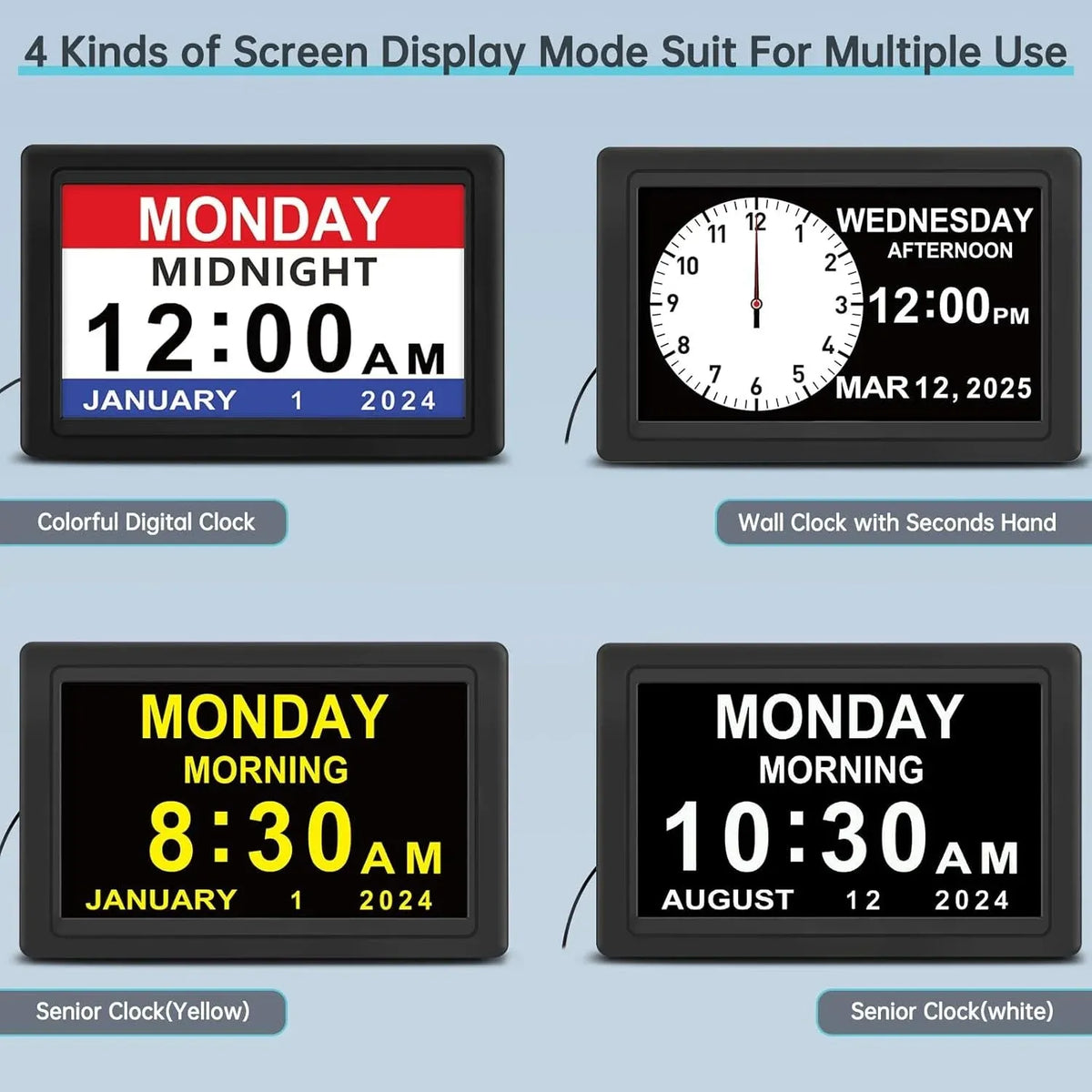 Dementia Digital Clock for Seniors, Extra Large Electric Calendar Clock With 20 Alarms Auto DST and HD Display, 10 in, 1024 x 600P
