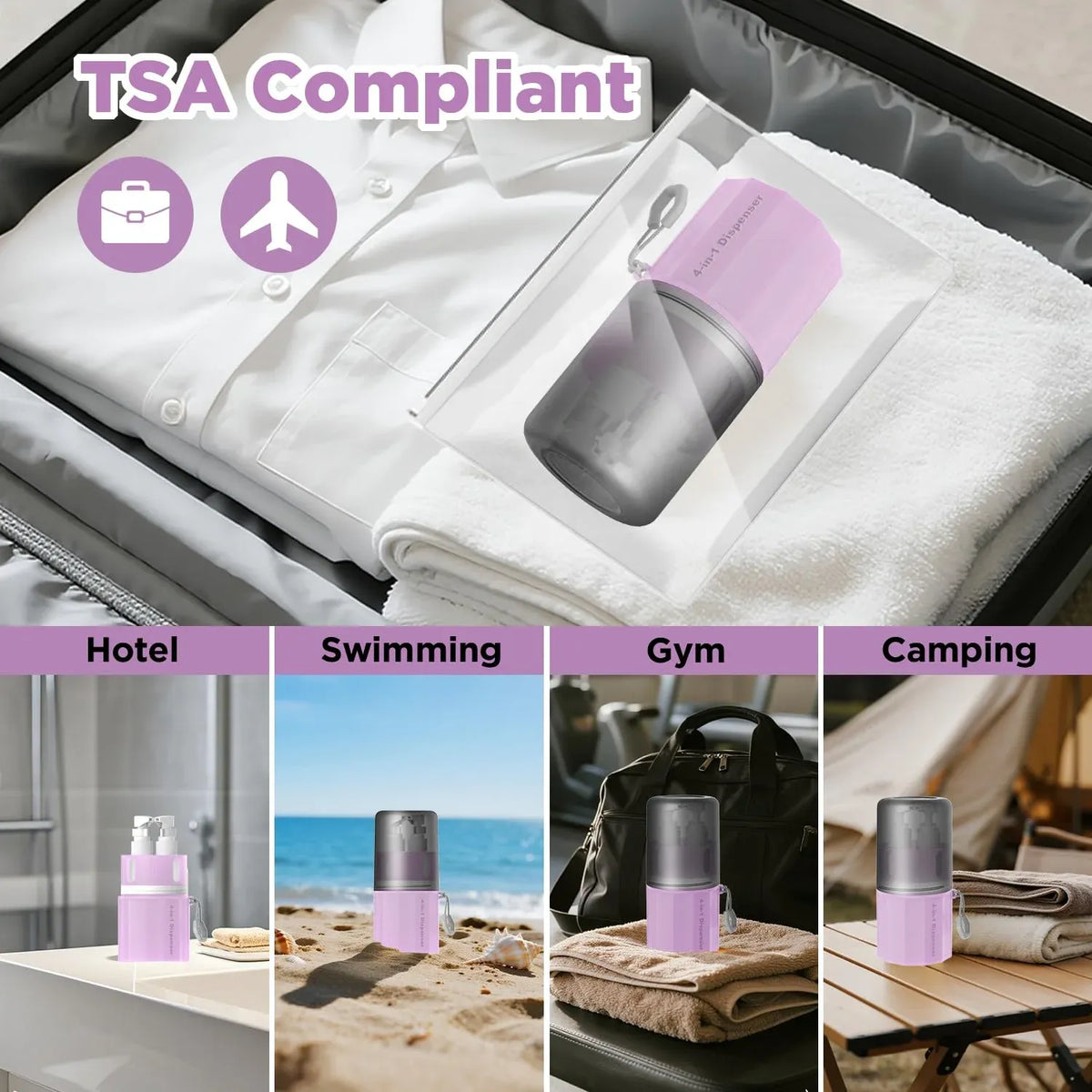 4 in 1 Travel Toiletry Containers, Refillable Travel Size Bottle Set With Suction Cup for Shampoo Conditioner Body Wash Lotion