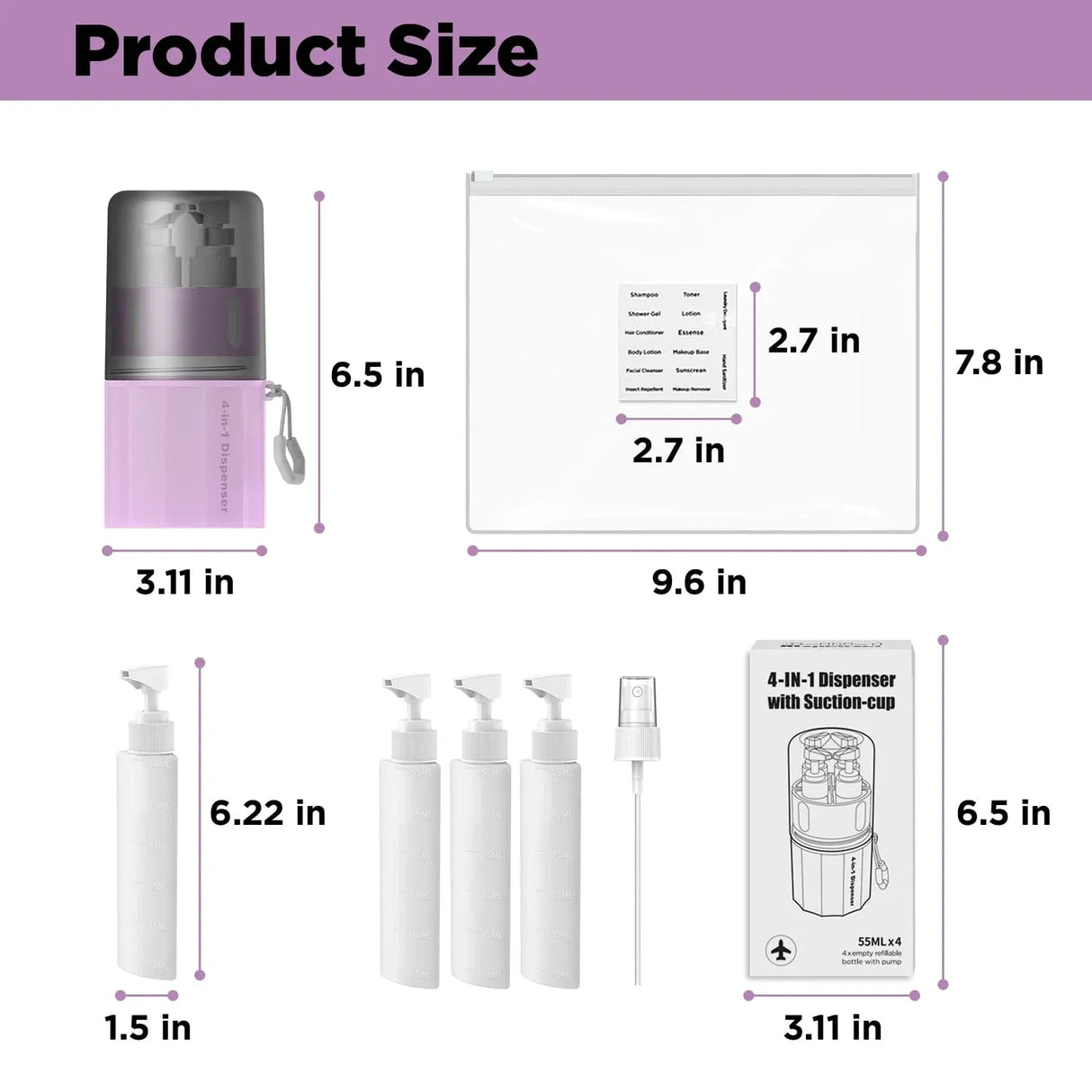 4 in 1 Travel Toiletry Containers, Refillable Travel Size Bottle Set With Suction Cup for Shampoo Conditioner Body Wash Lotion