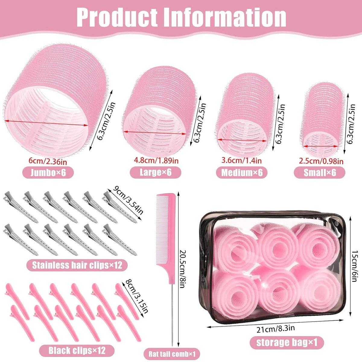 50 Pcs Pink Self Grip Hair Rollers Set With Clips for Long Short Hair and Bangs, 25 mm, 36 mm, 48 mm, 60 mm