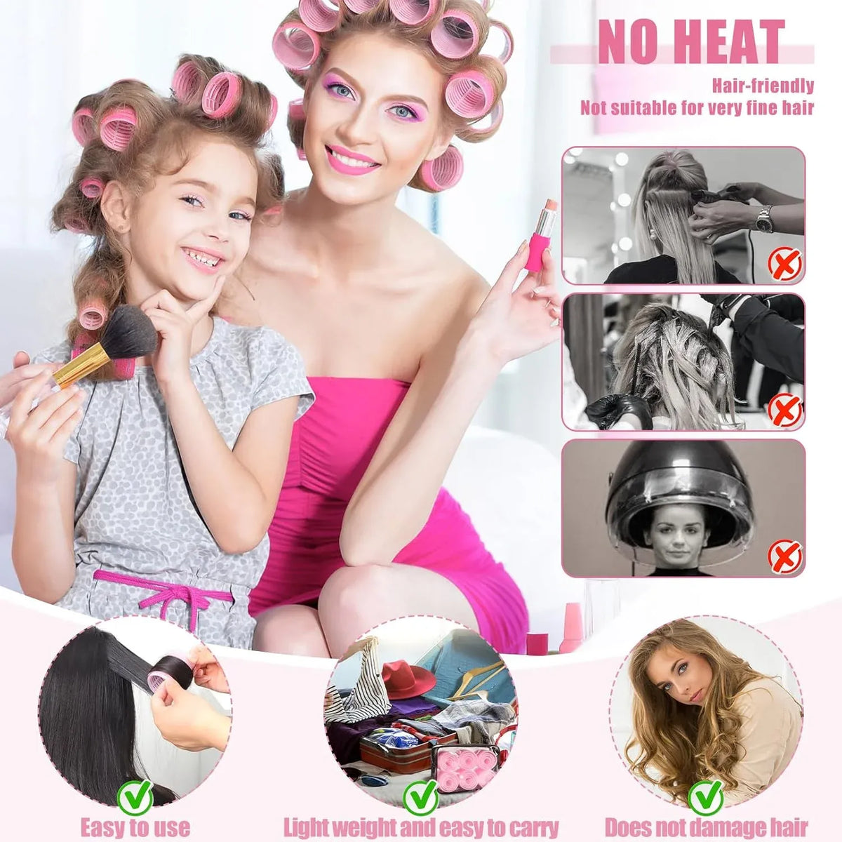 50 Pcs Pink Self Grip Hair Rollers Set With Clips for Long Short Hair and Bangs, 25 mm, 36 mm, 48 mm, 60 mm