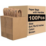 100 Pcs Brown Kraft Gift Bags With Handles, Medium Paper Bags for Craft Shopping Business Party Favor Retail Grocery, 5.91* 3.15 * 8.27in - Rear View
