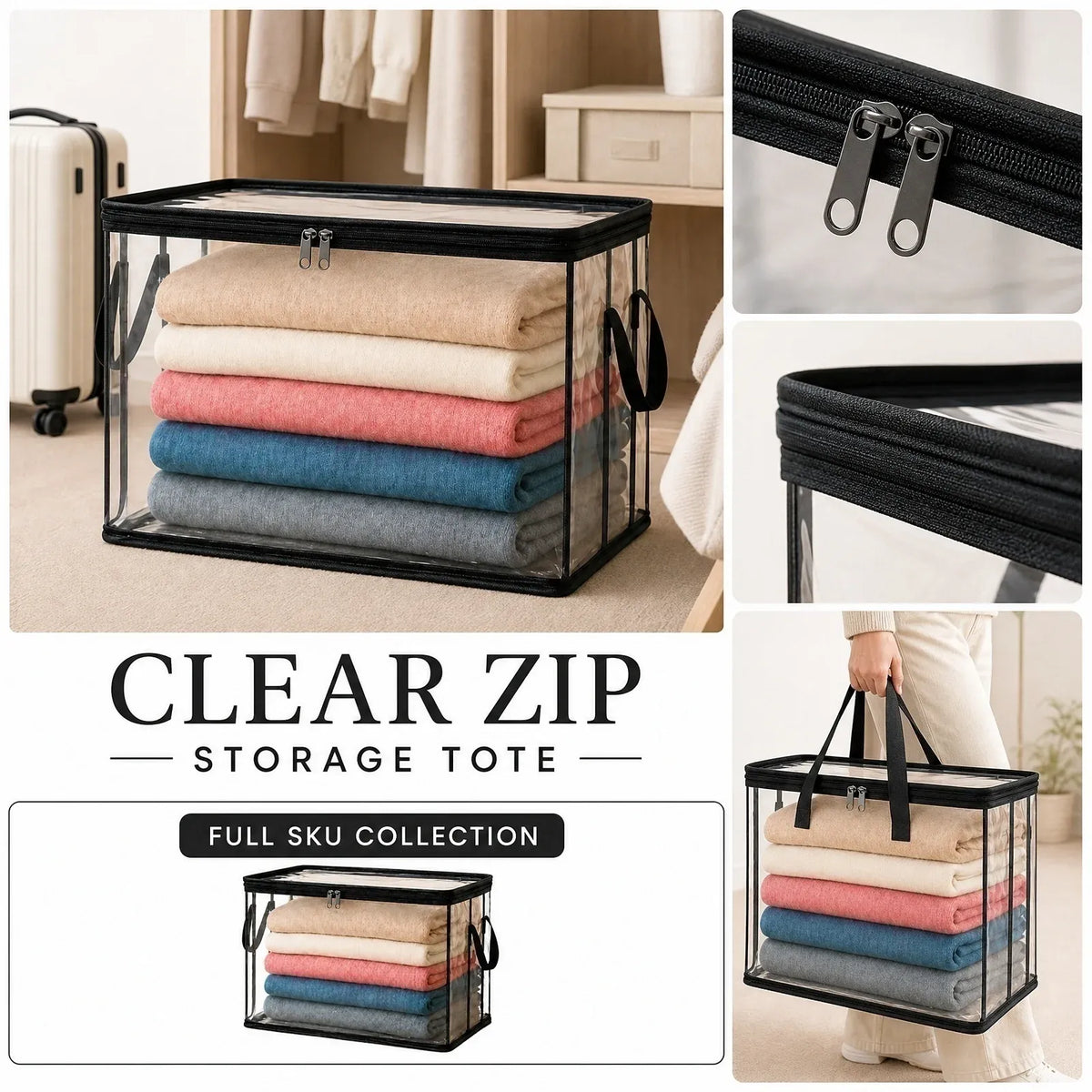 6 Pcs Extra Large Clear Storage Bags With Zipper Handles, Thick Foldable Plastic Bins for Clothes Blankets Toys Moving