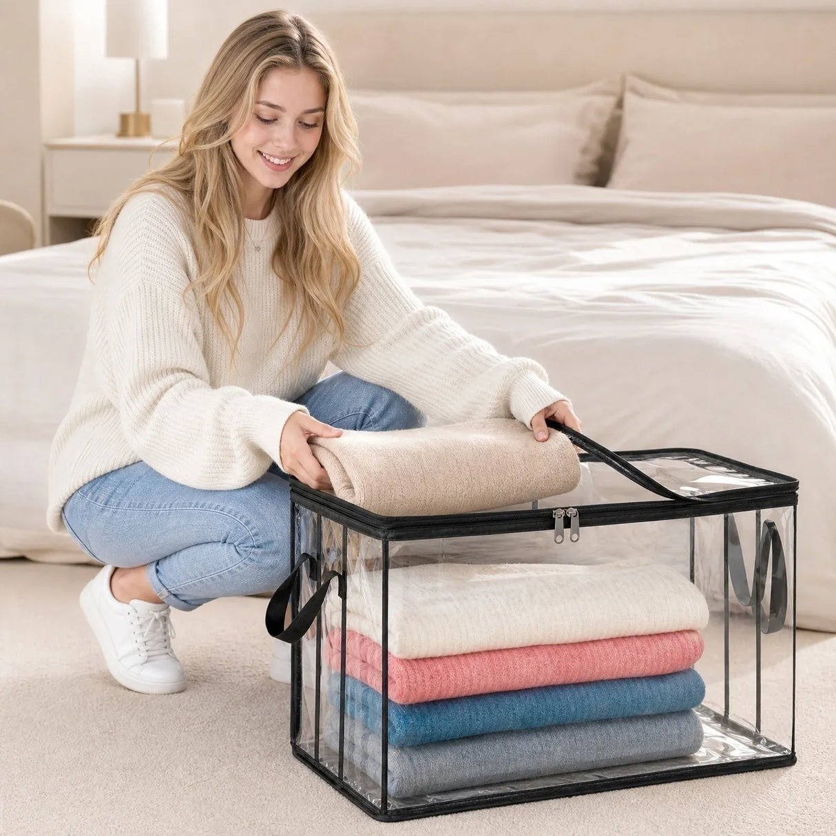 6 Pcs Extra Large Clear Storage Bags With Zipper Handles, Thick Foldable Plastic Bins for Clothes Blankets Toys Moving