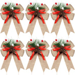 6 Piece Christmas Bow Set with Checked Ribbon and Pine Cones, Flax