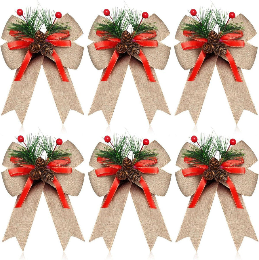 6 Piece Christmas Bow Set with Checked Ribbon and Pine Cones, Flax