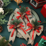 6 Piece Christmas Bow Set with Checked Ribbon and Pine Cones, Flax