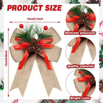 6 Piece Christmas Bow Set with Checked Ribbon and Pine Cones, Flax