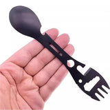 Stainless Steel Spoon and Fork - 10-in-1 Multi-Tool - Works as a combination spoon, fork, knife, bottle opener and wrench - Ideal for picnics, travel, backpacking, hiking and fishing - Black