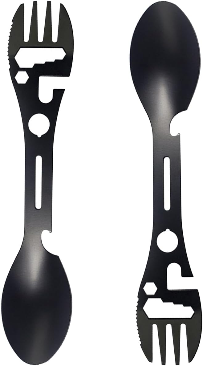 Stainless Steel Spoon and Fork - 10-in-1 Multi-Tool - Works as a combination spoon, fork, knife, bottle opener and wrench - Ideal for picnics, travel, backpacking, hiking and fishing - Black