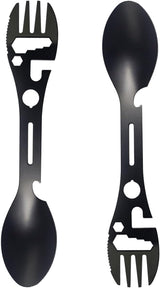 Stainless Steel Spoon and Fork - 10-in-1 Multi-Tool - Works as a combination spoon, fork, knife, bottle opener and wrench - Ideal for picnics, travel, backpacking, hiking and fishing - Black