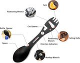 Stainless Steel Spoon and Fork - 10-in-1 Multi-Tool - Works as a combination spoon, fork, knife, bottle opener and wrench - Ideal for picnics, travel, backpacking, hiking and fishing - Black - Top-Down View