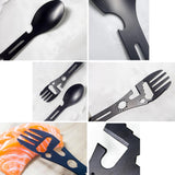 Stainless Steel Spoon and Fork - 10-in-1 Multi-Tool - Works as a combination spoon, fork, knife, bottle opener and wrench - Ideal for picnics, travel, backpacking, hiking and fishing - Black