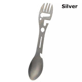 Stainless Steel Spoon and Fork - 10-in-1 Multi-Tool - Works as a combination spoon, fork, knife, bottle opener and wrench - Ideal for picnics, travel, backpacking, hiking and fishing - Silver