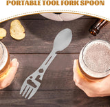 Stainless Steel Spoon and Fork - 10-in-1 Multi-Tool - Works as a combination spoon, fork, knife, bottle opener and wrench - Ideal for picnics, travel, backpacking, hiking and fishing - Silver - Front View
