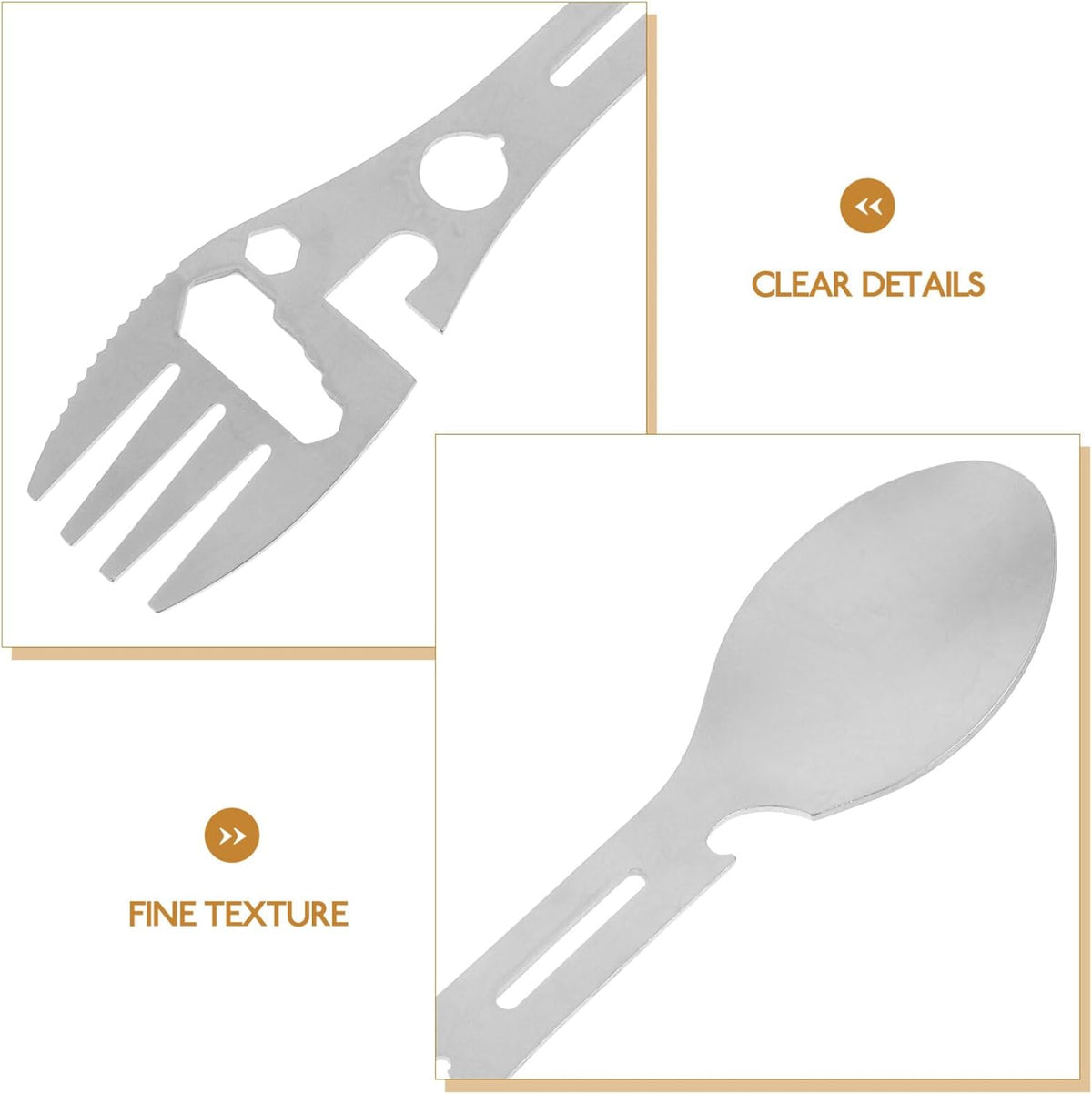 Stainless Steel Spoon and Fork - 10-in-1 Multi-Tool - Works as a combination spoon, fork, knife, bottle opener and wrench - Ideal for picnics, travel, backpacking, hiking and fishing - Silver
