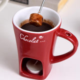 Tealight Fondue Set, Ceramic Melting Pot for Chocolate and Dessert Red - Rear View