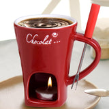 Tealight Fondue Set, Ceramic Melting Pot for Chocolate and Dessert Red - Close-Up Angle