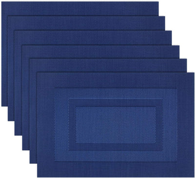 Placemats, Washable Woven Vinyl Placemats for Dining Tables, Easy to Clean Plastic Placemats Set of 6 (18 X12 Inch, Navy Blue)