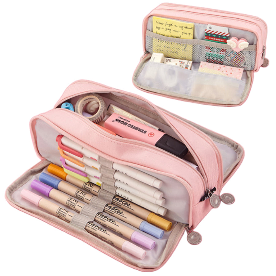 Large Capacity Pencil Case, 3 Compartments, Bag, School Pink
