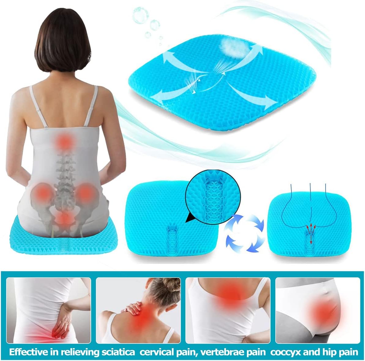 Gel Seat Cushion for Long-Term Sitting, Gel Cushions for Pressure Relief, Double Thick Gel Cushion for Sitting, Seat Cushions for Office Chairs with