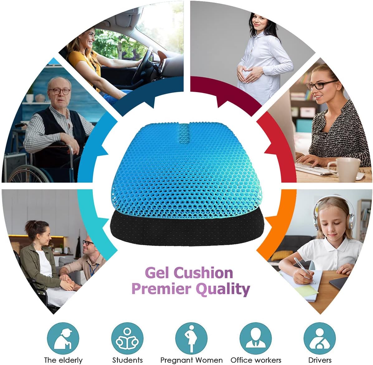 Gel Seat Cushion for Long-Term Sitting, Gel Cushions for Pressure Relief, Double Thick Gel Cushion for Sitting, Seat Cushions for Office Chairs with