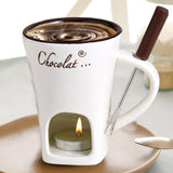 Tealight Fondue Set, Ceramic Melting Pot for Chocolate and Dessert Beige - Close-Up Angle