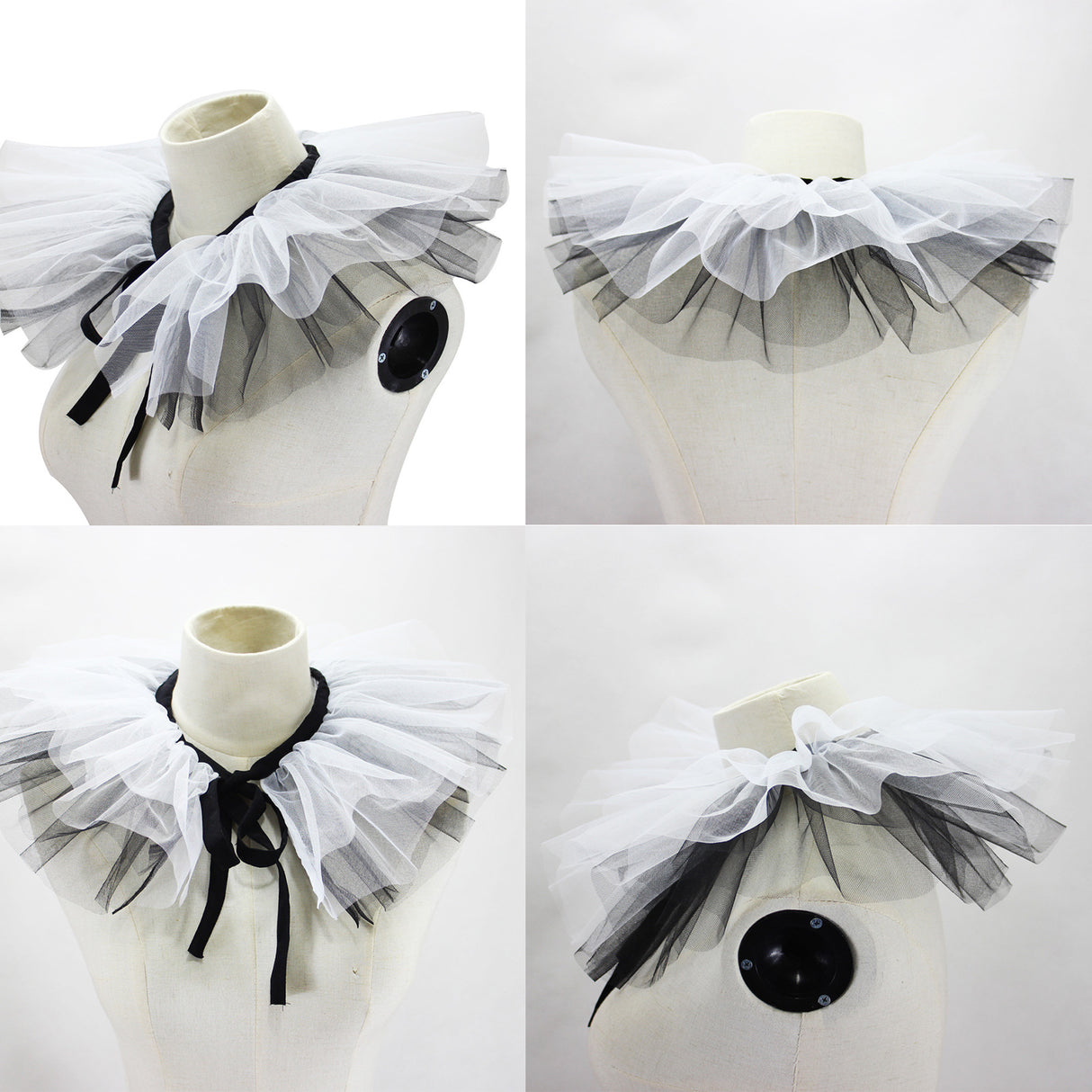 Women's Renaissance Tulle Ruffled False Collar Layered Black White Mesh Clown Choker Lace Up Victorian Neck Ruff Shawl Cosplay Props