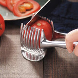 Tomato Cutter Lemon Cutter Multifunctional Fruit Cutter Tool Handheld Round Fruit Tongs Onion Holder Vegetable Cutter - Top-Down View