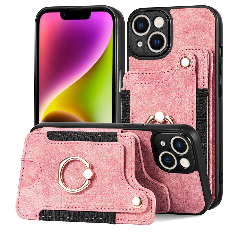 Suitable for iPhone mobile phone leather case RFID anti-theft brush ring buckle lanyard multifunctional card case Light Purple [With Leather Strap] Light Purple [With Leather Lanyard]] iPhone 15