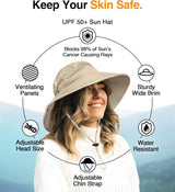 Fishing Hat UPF 50+ Wide Brim Sun Hat for Men and Women, Mens Bucket Hat with UV Protection for Hiking Beach Hats (Khaki - Side View