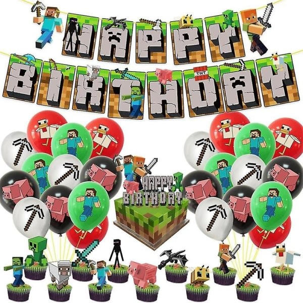 Minecraft Theme Happy Birthday Set Decoration Accessories Banner Pull Flag Cake Decorations Kit null none